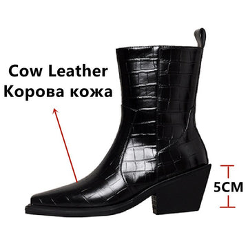 Cool Fashion Women Ankle Boots Square Toe Thick Heels Side Zipper High Quality Genuine Leather Shoes Woman Autumn Winter