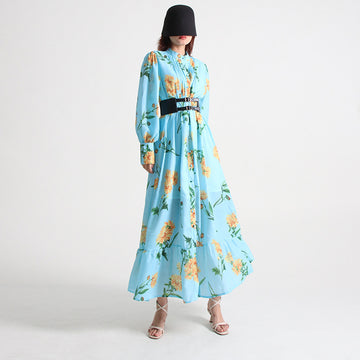 Blue Midi Dress Spring Autumn New Fashion Design Women Runway High Street Vintage Flowers Print Lantern Sleeve Casual