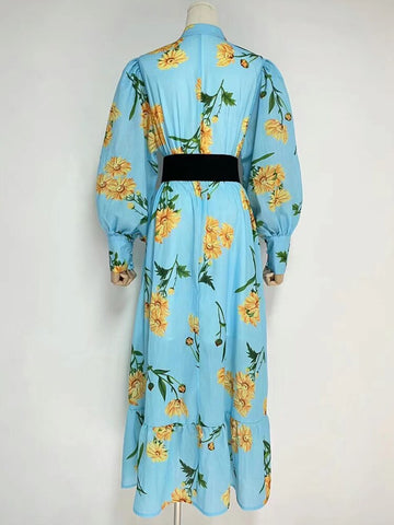 Blue Midi Dress Spring Autumn New Fashion Design Women Runway High Street Vintage Flowers Print Lantern Sleeve Casual