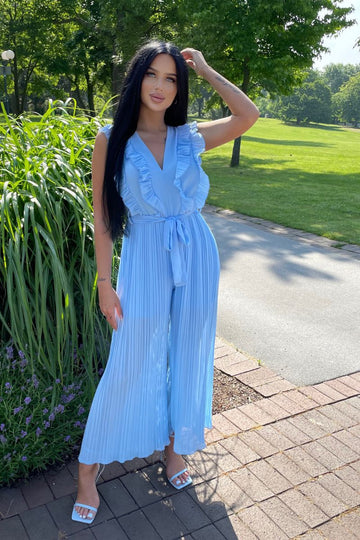 Blue  Frill Detail Plisse Pleat Wide Leg Jumpsuit