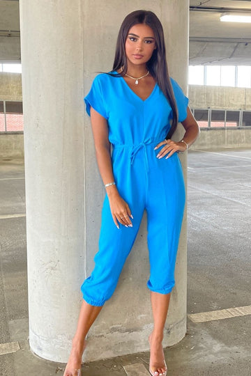 Blue Short Sleeve Tie Waist Jumpsuit