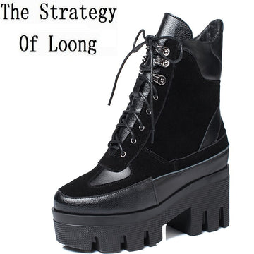 Winter Cow Leather Lace-up Women Chunky Platform Genuine Leather Ankle Boots Spring Autumn Real Leather Short Boots