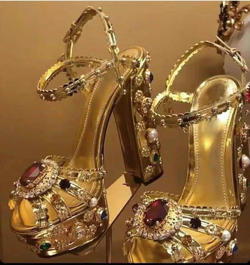 Gold Sandals Crystal Pearl Decor Platform Heels Chunky Heel Women Summer Shoes Luxury Colorful Open Toe Lady Elegant Sandals