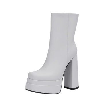 Early Autumn New Leather Square Head Thick High Heels Women's Bare Boots Side Zipper Increased Large 43 Short Boots