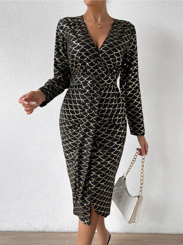 Printed Surplice Long Sleeve Slit Dress