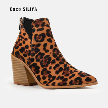 Leopard Short Boots Female Spring And Autumn New High-Heeled Martin Boots Thick With Pointed And Bare Boots