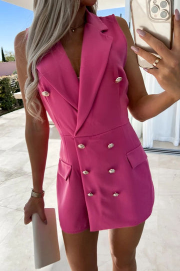 Fuchsia Sleeveless Military Button Blazer Playsuit