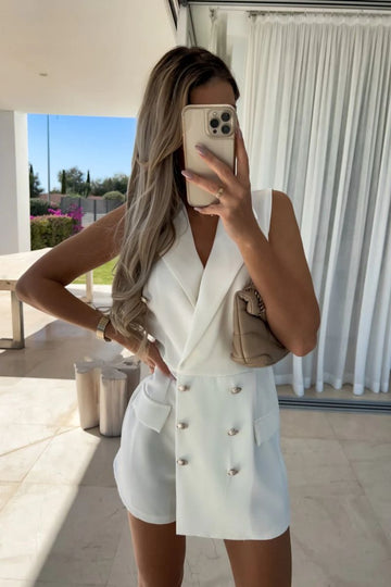 White Sleeveless Military Button Blazer Playsuit