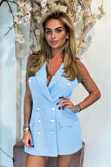 Blue Sleeveless Military Button Blazer Playsuit