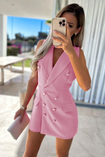 Pink Sleeveless Military Button Blazer Playsuit