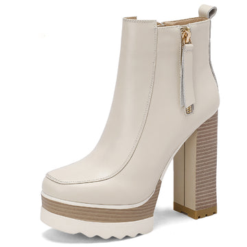 Autumn And Winter High Heels Thick Heel New Women's Boots Thick-Soled Waterproof Platform Short Boots Beige Bare Boots 13cm