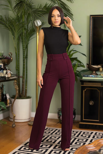 High Waist Pants With Self Fabric Buckle Detail On The Waist