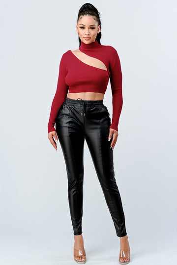 Lux Sweater Rib Cutout Mock Neck Crop Top