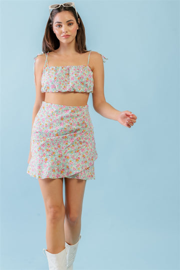 Mint Fuchsia Print Cotton Sleeveless Strappy Crop Top