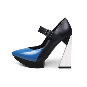 New Platform Women Shallow Pumps Pointed Toe Blue Mixed Black Leather High Heels Chic Mary Jeans Strap Party Stilettos