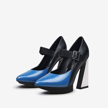 New Platform Women Shallow Pumps Pointed Toe Blue Mixed Black Leather High Heels Chic Mary Jeans Strap Party Stilettos