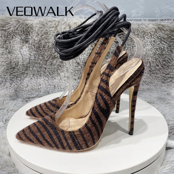 Dark Brown Hairy Zebra Women Pointed Toe Ankle Strap Slingbacks Stiletto Pumps Sexy Ladies Comfortable High Heel Shoes